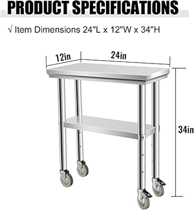 Stainless Steel Table - Metal Table Cart - Commercial Workbench with Caster Wheel - NSF Certified - for Restaurant, Warehouse, Home, Kitchen, Garage,24''x12''