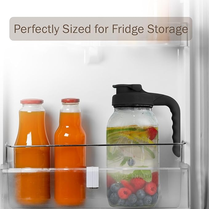 Mason Jar Pitcher - Airtight & Leakproof Glass Pitcher with Lid, Perfect for Breastmilk, Cold Brew Coffee, Sun Tea, Water & Drinks, 2 Quart (64 oz) Wide Mouth Mason Jar with Pour Spout Lid - Black