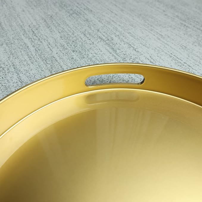 Spsyrine Round Gold Decorative Tray, 13" Plastic Serving Table Tray with Handles for Ottoman, Coffee Table, Bathroom, Kitchen, Living Room