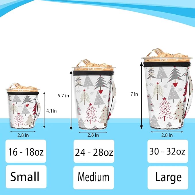 Christmas Reusable Coffee Sleeves Iced Coffee Cozy Insulator,Christmas Tree Neoprene Holder with Handle for Cold Coffee or Ice Drink, Medium