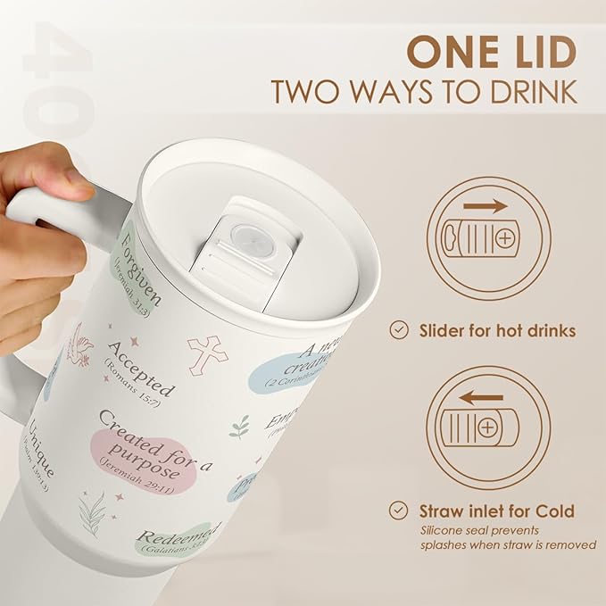 Christian Gift for Women – Inspiration Insulated Stainless Steel Tumbler with Handle and Straw - Religious Gifts for Birthday Christmas, 40oz