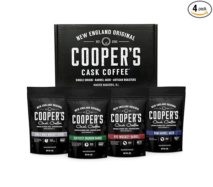 Bourbon & Whiskey Barrel Aged Coffee Box Set with Four Whole Bean Single Origin Coffees (Colombia, Sumatra, Ethiopia, Rwanda) Premium Small-Batch Gourmet Roasted Coffee Gift (Pack or 4)