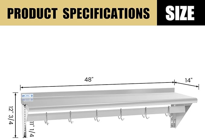 Hally Stainless Steel Shelf with 6 Hooks 14" x 48" Wall Mounted Pot Rack 350lb, NSF Commercial Floating Shelving for Storage Hanging Pots, Pans, cookware in Restaurant, Kitchen, Home and Hotel