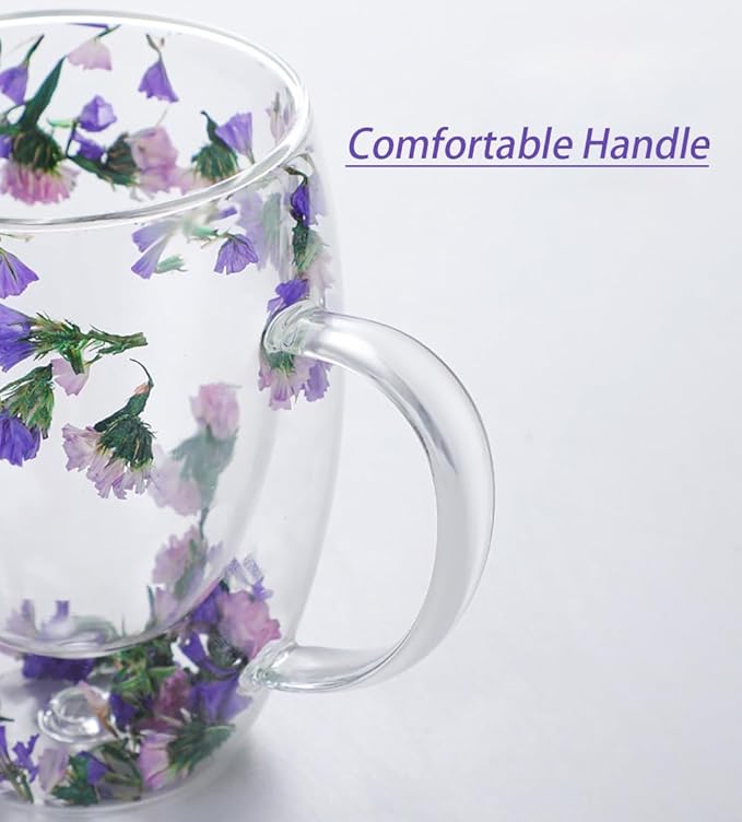 Double Glass Flower Tea Cup, Aesthetic Preserved Flower Cup, Cute Insulated Tea Cup with Handle, Heat Resistant & Lead-free Coffee Mugs, Gifts for Birthday Mother's Day, Perfect for Women Wife Mom (C)