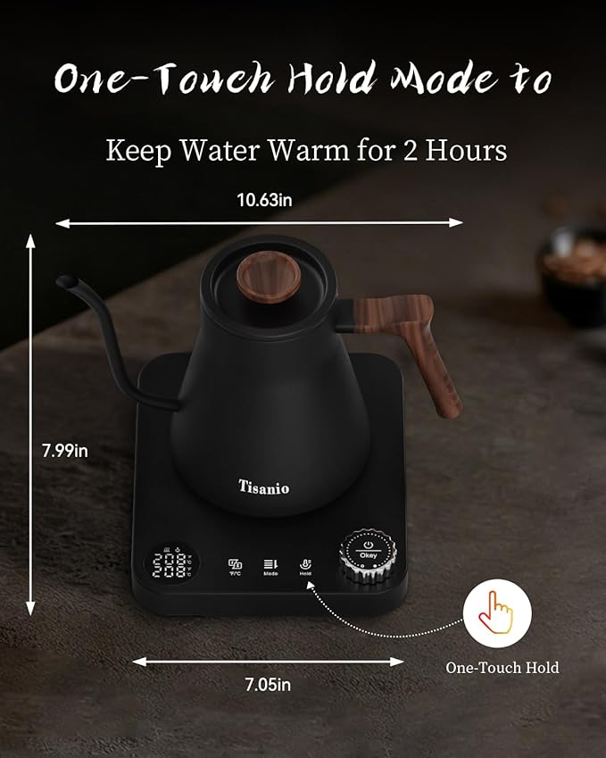 Gooseneck Electric Kettle with ±1°F Precise Temperature Control, Smart Two-Stage Heating, 304 Stainless Steel Interior, Fast Boil & 2-Hour Keep Warm, Pour Over Coffee & Tea, 0.9L,Wood Black