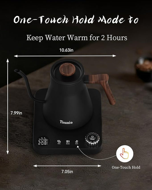 Gooseneck Electric Kettle with ±1°F Precise Temperature Control, Smart Two-Stage Heating, 304 Stainless Steel Interior, Fast Boil & 2-Hour Keep Warm, Pour Over Coffee & Tea, 0.9L,Wood Black