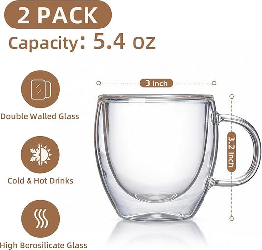 5.4 Oz Double Wall Insulated Espresso Cups Set of 2, Small Clear Glass Coffee Cups Demitasse Mugs & Shot Glasses