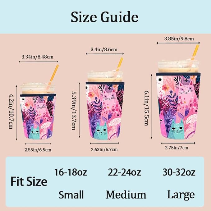 Colorful Cat Floral Iced Coffee Sleeve Set of 3 Fits 16oz 24oz 30oz Cups Cute Cat Lover Insulated Coffee Sleeve for Women & Gifts