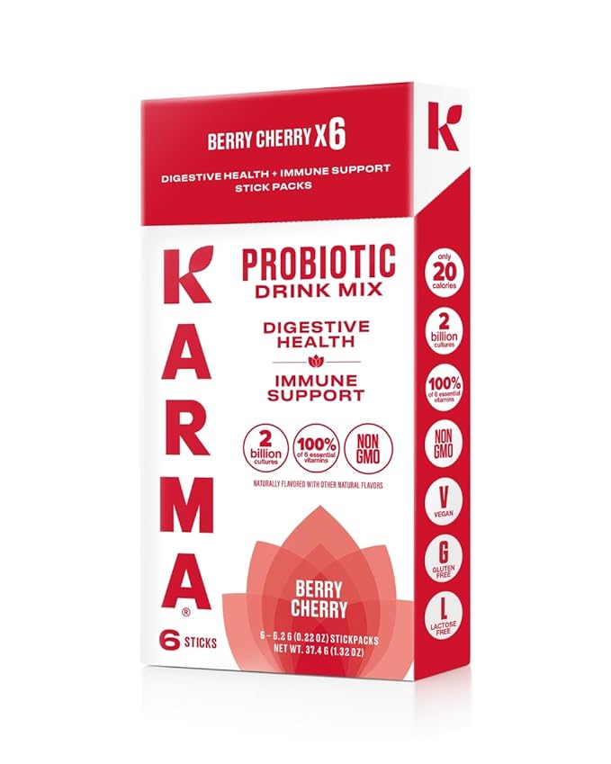 Karma Probiotic Hydration Packet - 6 Pack, Berry Cherry Powder Drink Mix Stick - On-The-Go Immune & Gut Health Support