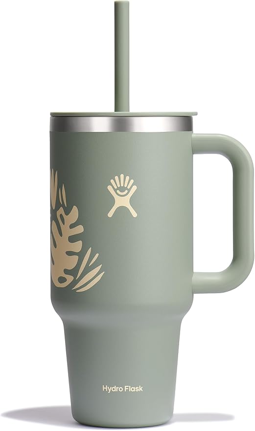 Hydro Flask Travel Tumbler with Handle, Lid and Straw - Insulated Stainless Steel in 32 Oz Botanical Bliss Green