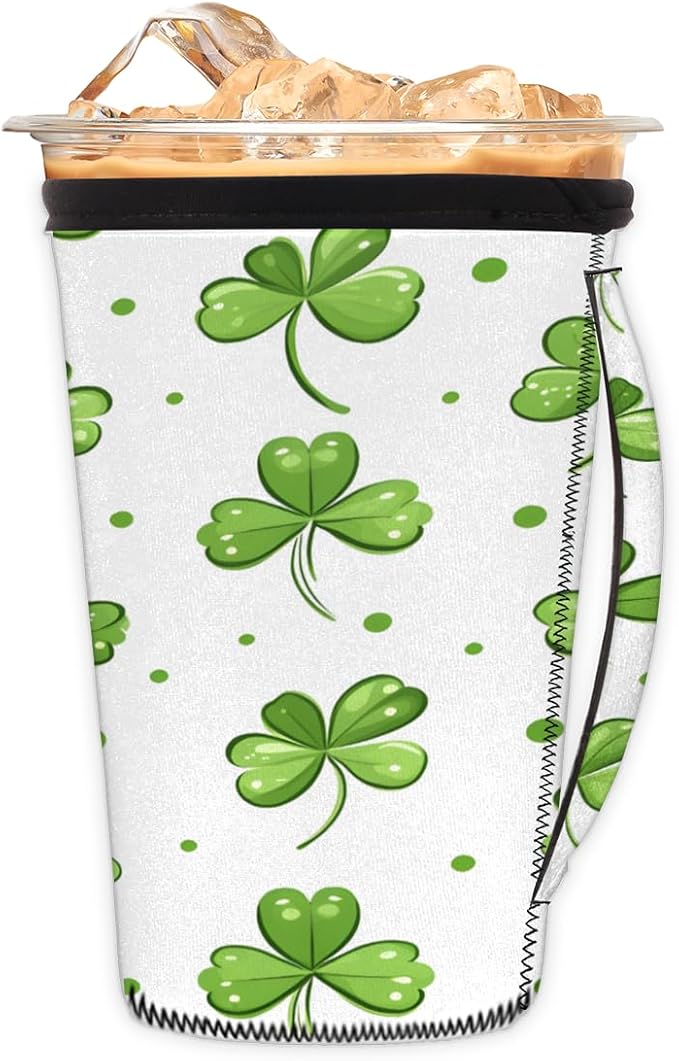 Luck Shamrock Clover Reusable Coffee Sleeves Iced Coffee Cozy Insulator, St Patricks Day Neoprene Holder with Handle for Cold Coffee or Ice Drink, Small 16-18oz