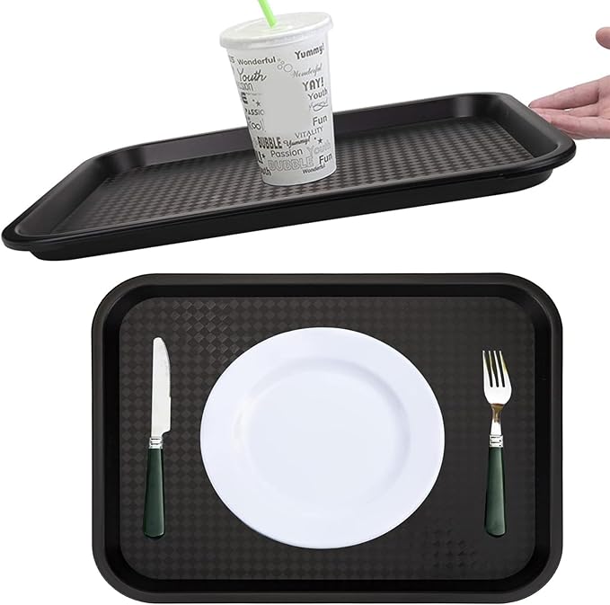 Yarlung 12 Pack Fast Food Tray, 13.7 x 10.5 Inch Plastic Restaurant Serving Tray Cafeteria Trays for Coffee Table, Kitchen, Party, Black