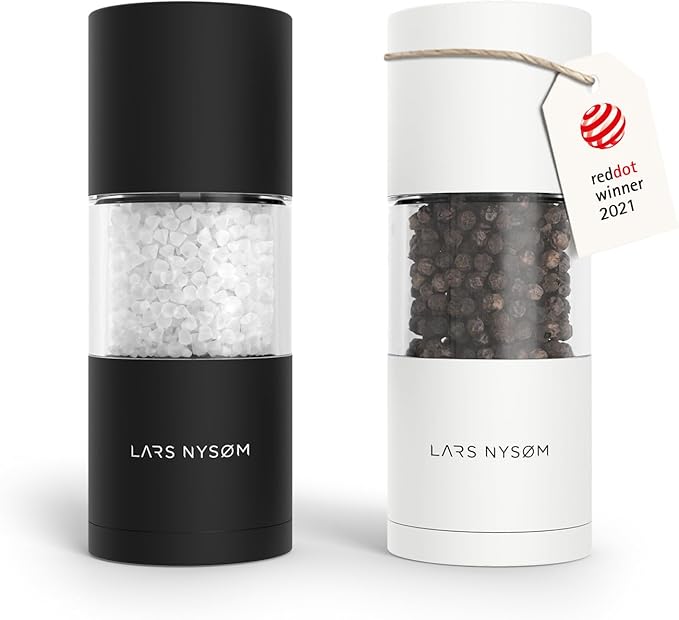 LARS NYSØM Salt and Pepper Grinder Set, Manual Salt and Pepper Mills with Adjustable Ceramic Grinder, Design Spice Shaker Set (Black/White)