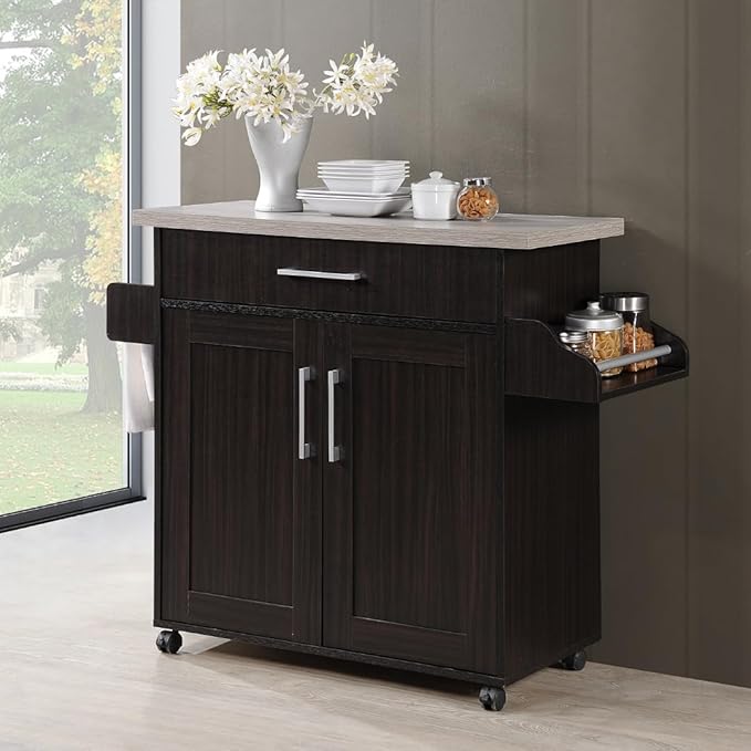 Hodedah Rolling Wood Kitchen Island Cart with Spice Rack, Towel Rack, Utensil Drawer plus Cabinet, White with Beech Top