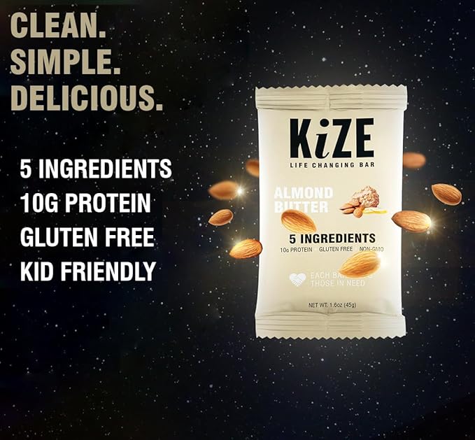 KiZE Energy Bars - Almond Butter - 20 Count - Almond-Butter-Based, Gluten Free, Non-GMO, and High Protein Meal Replacement Energy Bars, Clean and Simple Food Ingredients - 10g High Protein Snacks (20 Count)