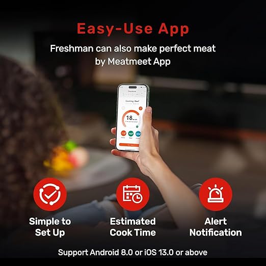Meatmeet Pro WiFi Wireless Meat Thermometer Digital, Bluetooth Meat Thermometer Wireless, Smart App Monitoring, IP67 Waterproof Meat Probe Thermometer for BBQ, Oven, Grill, Smoker