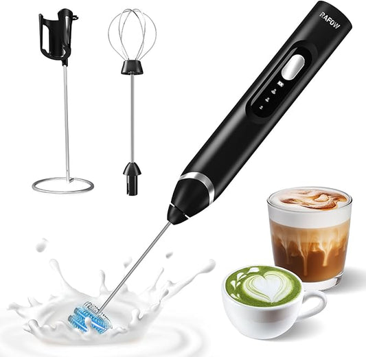 RAFOW Handheld Electric Milk Frother: Rechargeable Frother Wand with Stand, 3 Speeds & Detachable Double Whisk Drink Mixer, Froth Stirrer for Latte, Cappuccino, Cream, Matcha, Dalgona Coffee - Black
