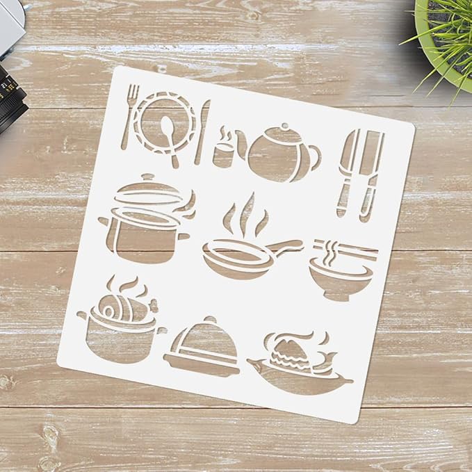 1pc Kitchenware Wall Painting Stencil for Kitchen, 11.8”x11.8” Reusable Stencil for Wood Burning, Paint Templates DIY Craft Art Stencil on Wall Wood Fabric Canvas Furniture Journal