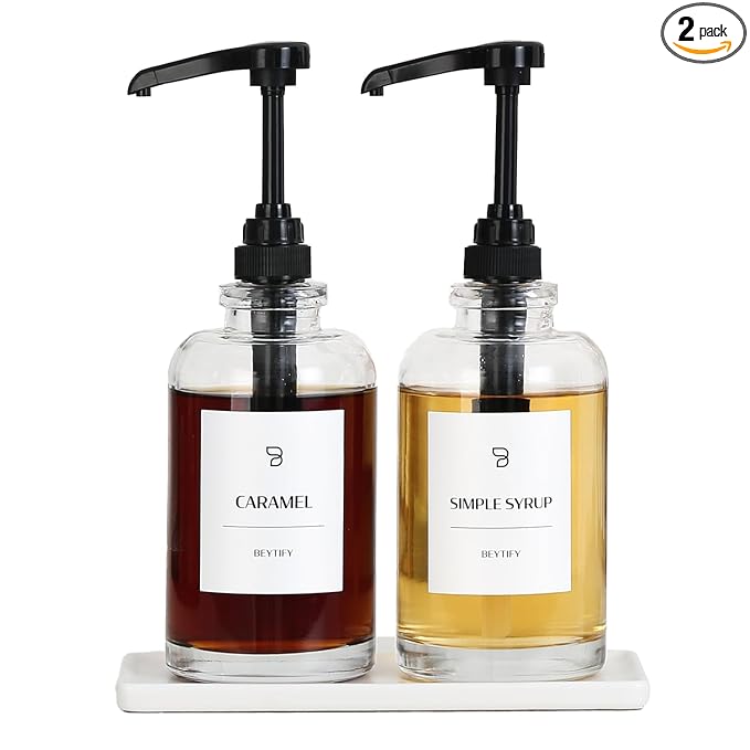 BEYTIFY Glass Coffee Syrup Dispenser Set | Glass Syrup Bottles with Pump Tops & 12 Labels | Refillable Leak-Proof Dispensers for Coffee Bar, Vanilla Caramel Hazelnut Syrups | Clear Glass, 2 Pack (16.9oz/500ml)