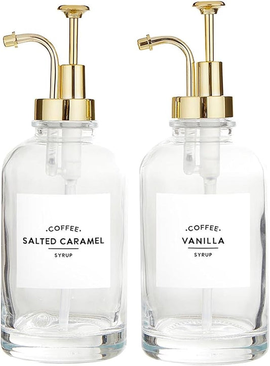 Santa Barbara Design Studio Coffee Bar Gifts Glass Syrup Dispensers, Set of 2, Clear Glass/Gold