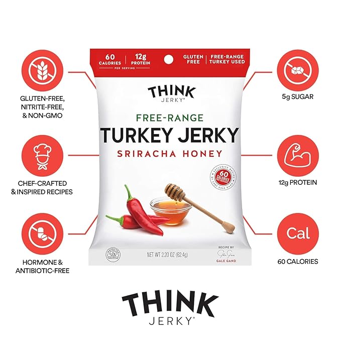 Think Jerky Sriracha Honey Turkey Jerky, High Protein Free-Range Turkey, Gluten Free, No Antibiotics or Nitrates, Healthy Chef Crafted Recipe, Low Calorie and Low Fat - 2.2 oz Bags, 4 Pack