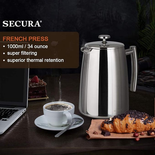 Secura French Press Coffee Maker, 34-Ounce, 304 Stainless Steel Insulated Coffee Press with Extra Screen