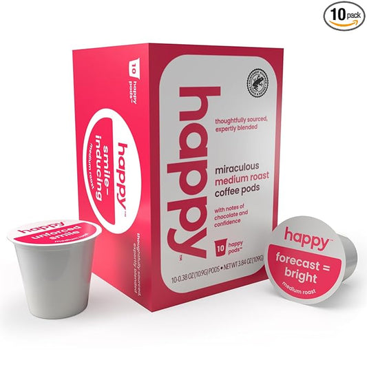 happy coffee medium roast coffee pods, 10 count, notes of chocolate & confidence, compatible with most K-cup brewers, rainforest alliance certified