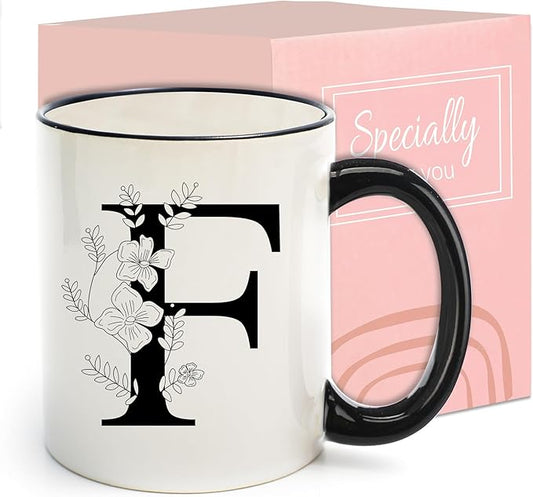 Monogram Ceramic Coffee Mugs, 11 oz Initial Drinking Cup with Gift Box, Unique Birthday Christmas Gifts for Women Wife Mothers Day Grandma Mom Aunt, F