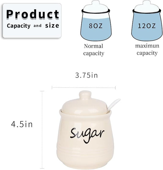 HAOTOP 12oz Sugar Bowl with Lid and Spoon,Ceramic Sugar Jar Sugar Dispenser Sugar Container Coffee Bar Accessories, Kitchen Countertop Canisters, Beige