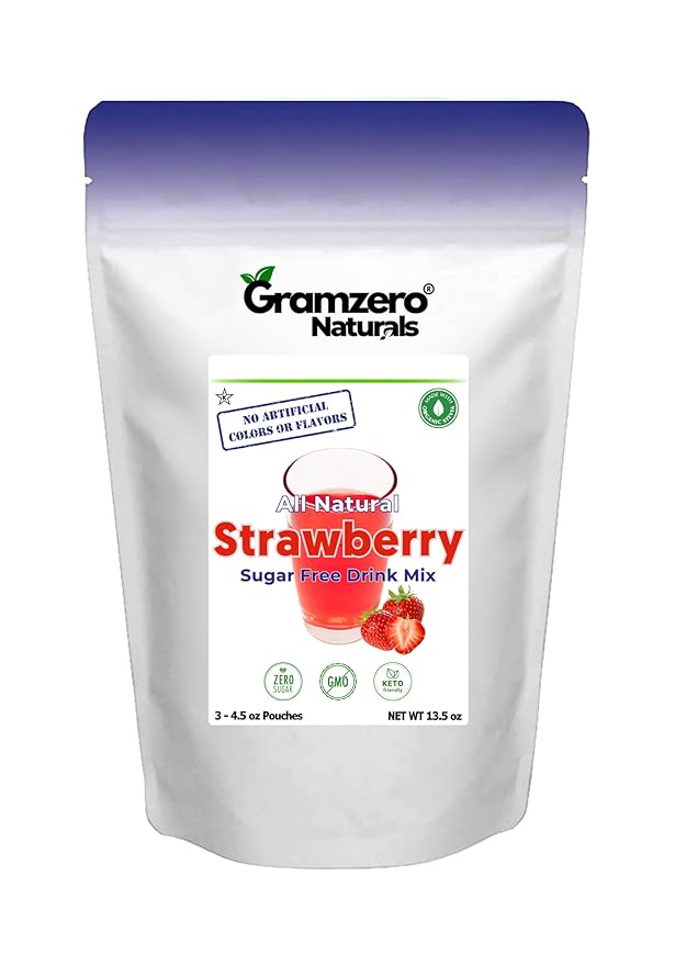 GramZero All Natural Strawberry Zero Calorie Sugar Free Drink Mix, Great For Nutrition Club Loaded Tea, Stevia Sweetened