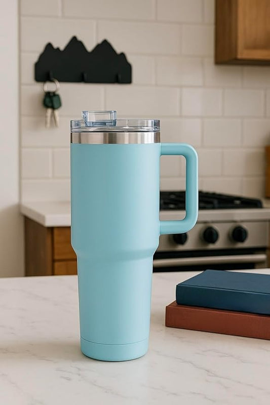 The FaarSky 40 oz Insulated Travel tumbler with lid and straw, 12 Hours Hot & Cold, Vacuum Insulated Stainless Steel, Leak-Proof Lid, (Light Blue)