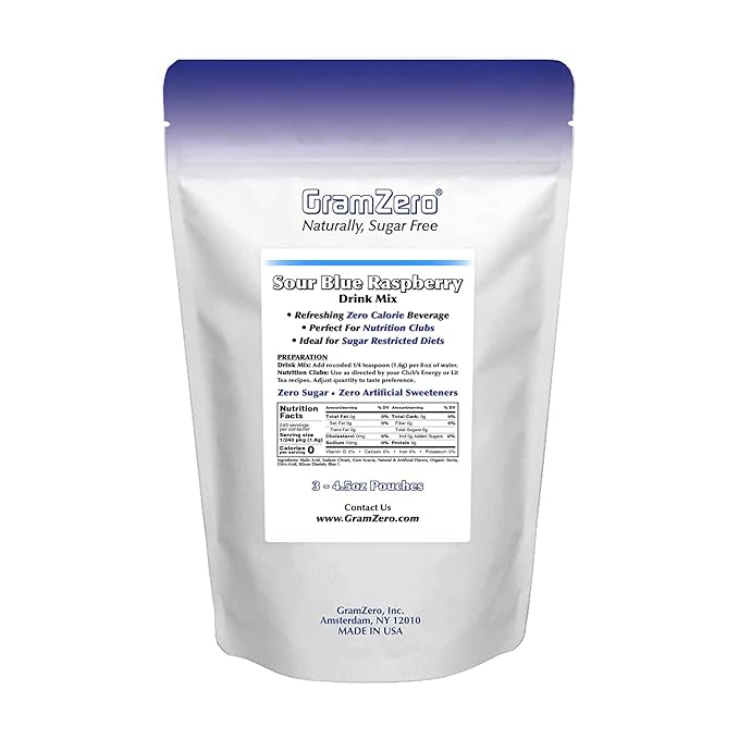 GramZero Sour Blue Raspberry Zero Calorie Sugar Free Drink Mix, Great For Nutrition Club Loaded Tea, Stevia Sweetened