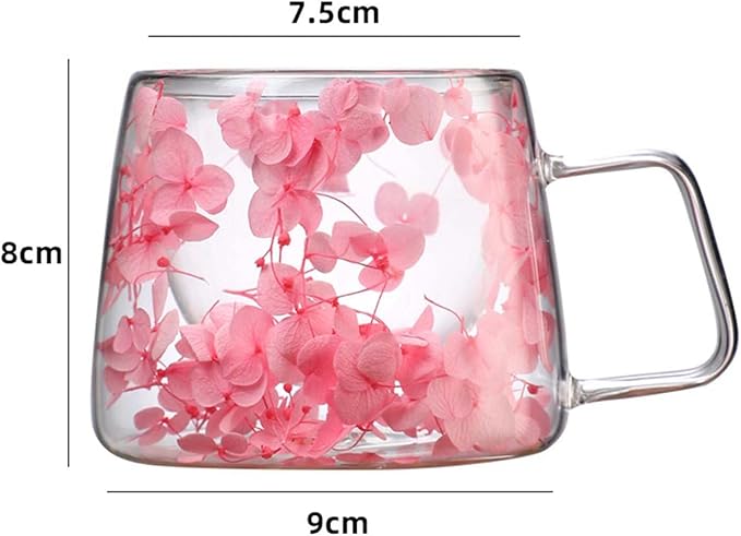 Generic Double Wall Insulated Glass Cup,Dried Flower Mug with Handle,Creative Transparent Coffee Cups,Gift for Women Mom Female (Pink)