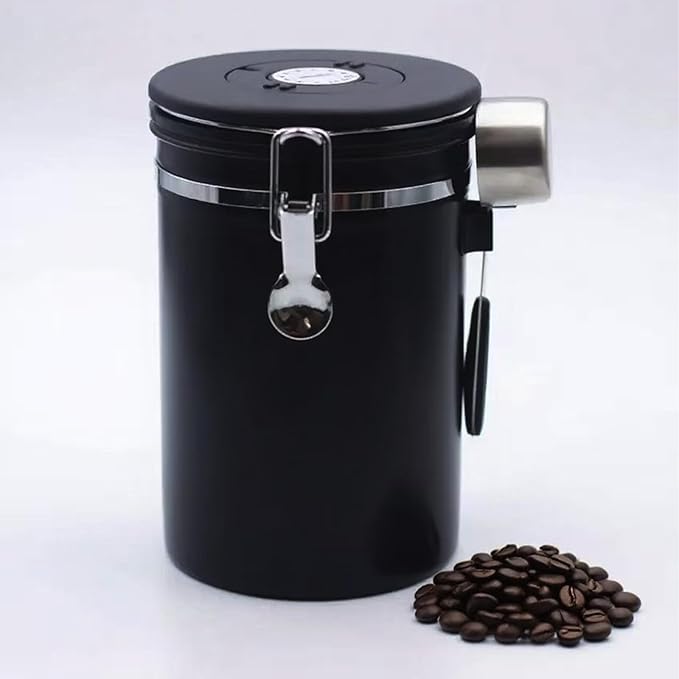 Airtight Coffee Canister – 22oz Stainless Steel Coffee Container with 2 tbsp Scoop & Date Tracker, Black – Food Storage Jar for Beans, Tea & Pantry Essentials