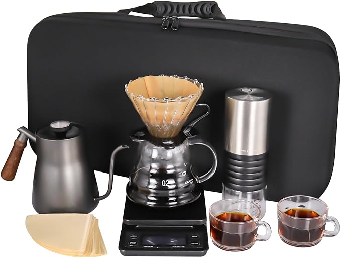 SOTECH Outdoor Coffee Hand Brewing Set Easy Operate Portable Travel Bag With Electric Grinder Hand Brewing Pot 850Ml For Outdoor Camping Rv Hiking Picnic (Coffee Set For 2 Cups)
