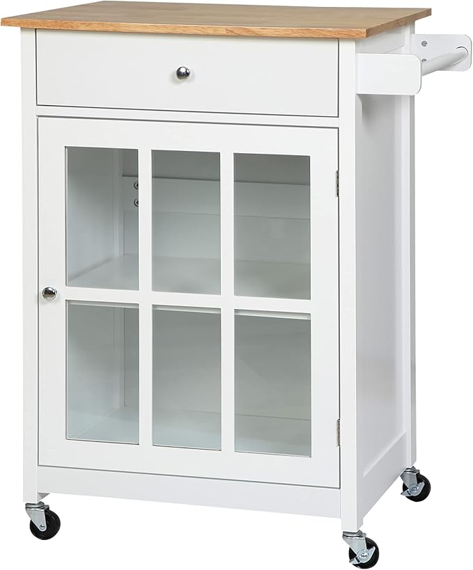 HOMCOM 27" Rolling Kitchen Island Cart with Drawer and Glass Door Cabinet, Kitchen Trolley with Adjustable Shelf and Towel Rack, White