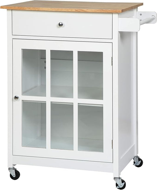 HOMCOM 27" Rolling Kitchen Island Cart with Drawer and Glass Door Cabinet, Kitchen Trolley with Adjustable Shelf and Towel Rack, White