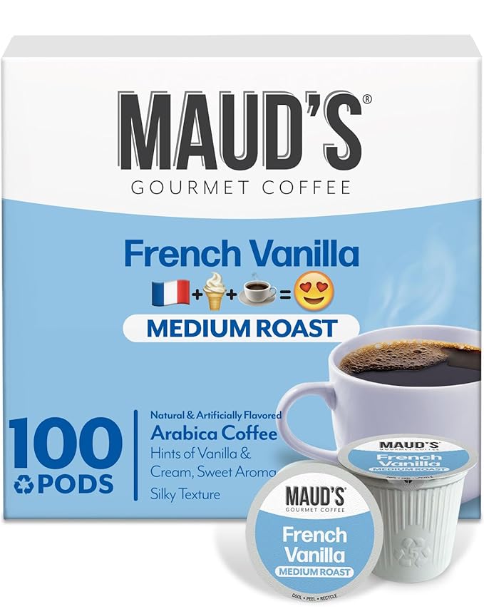 Maud's French Vanilla Coffee Pods, 100 ct, Medium Roast Coffee in Recyclable Single Serve Pods – 100% Arabica Coffee, Compatible with Keurig K Cups Maker