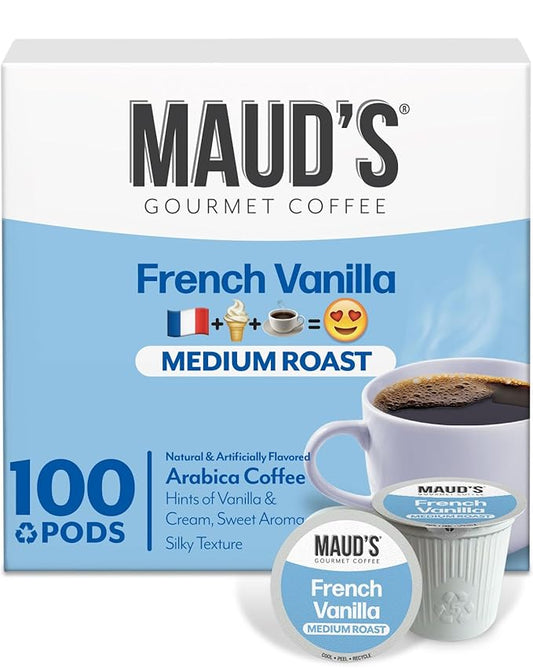 Maud's French Vanilla Coffee Pods, 100 ct, Medium Roast Coffee in Recyclable Single Serve Pods – 100% Arabica Coffee, Compatible with Keurig K Cups Maker