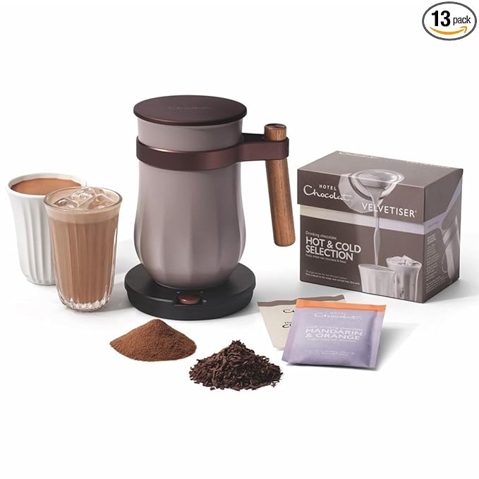 Hot & Cold Drinking Chocolate System - The ALL-NEW Velvetiser from Hotel Chocolat - Kit includes hot chocolate maker with US Power Supply, 10 serving taster box, 1 mug and 1 glass - Pebble Edition