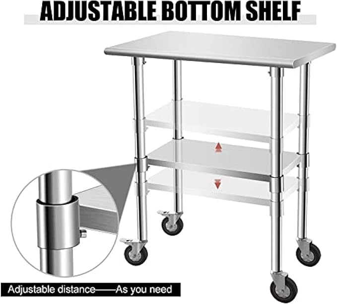 Stainless Steel Table - Metal Table Cart - Commercial Workbench with Caster Wheel - NSF Certified - for Restaurant, Warehouse, Home, Kitchen, Garage,30''x18''