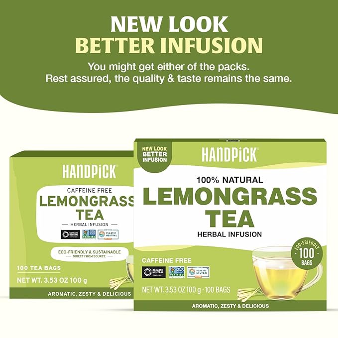HANDPICK, Lemongrass Tea Bags (100 Count) Non-GMO, Caffeine Free - Quality Lemongrass Herbal Tea- Eco-conscious Round Tea Bags | Brew Hot or Iced Tea