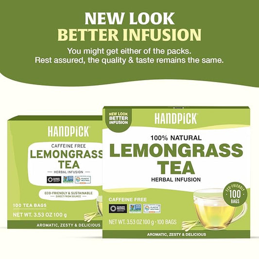 HANDPICK, Lemongrass Tea Bags (100 Count) Non-GMO, Caffeine Free - Quality Lemongrass Herbal Tea- Eco-conscious Round Tea Bags | Brew Hot or Iced Tea