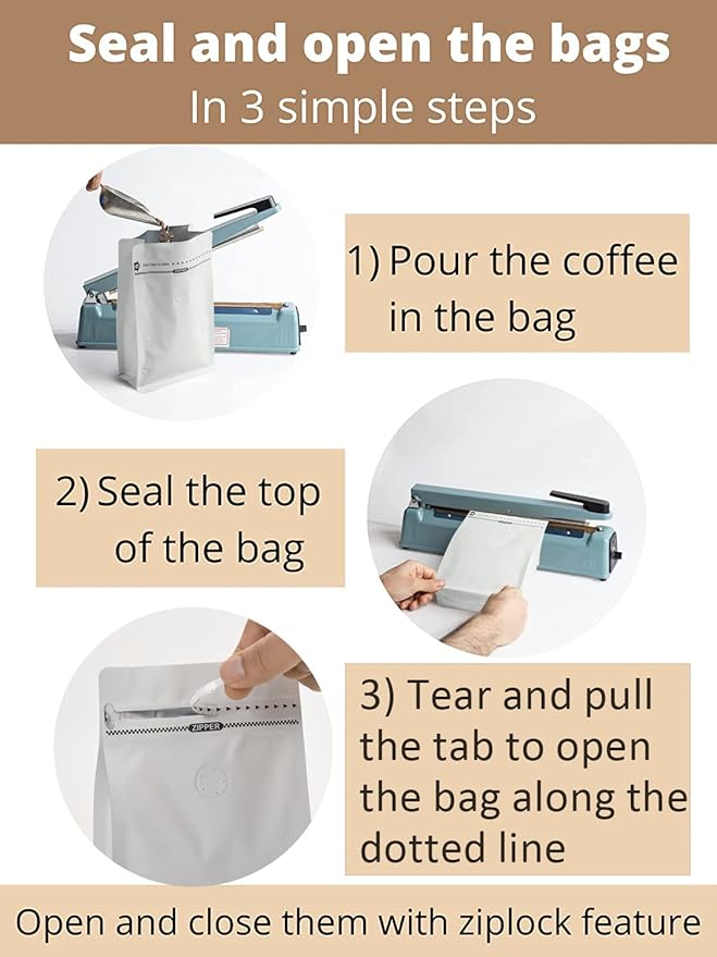 16oz 100pcs Wihite Coffee Bags with High Barrier Aluminum Foil Liner, Resealable Coffee Pouches with Degassing Valve, Ziplock Food Storage Bags with Pull Tape, 16oz/1lb/500gram