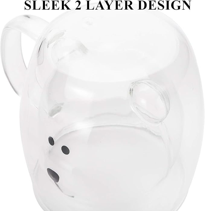 Yopay 2 Pack Glass Bear Coffee Mugs, 8.5 oz Double Wall Insulated Cute Kids Coffee Milk Beer Cups for Latte, Cappuccino, Americano, Tea, Beverage, Valentine's Day Birthday