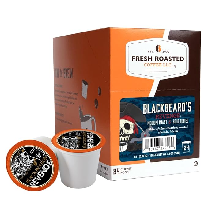 Fresh Roasted Coffee, Blackbeard's Revenge, Medium Roast, 24 Pods for K Cup Brewers