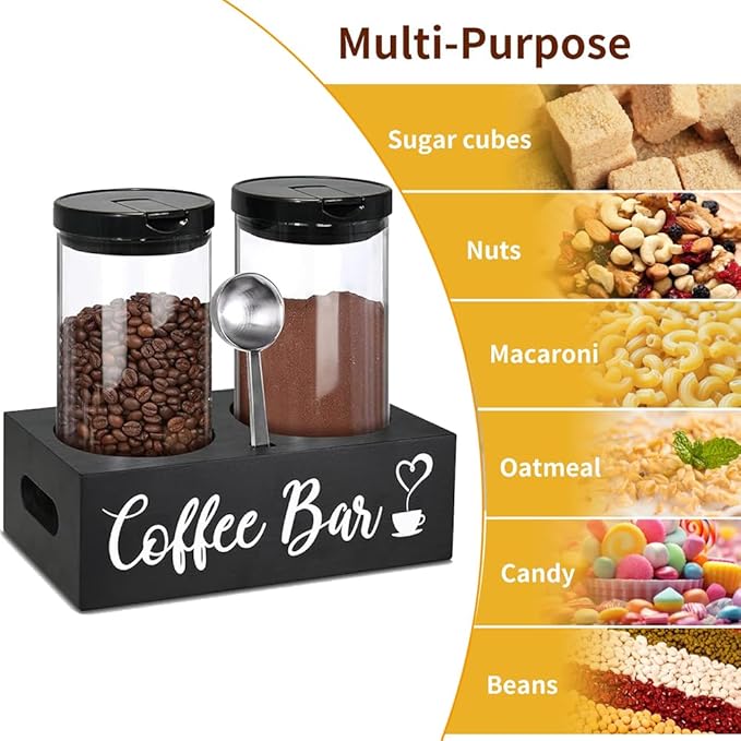 Glass Coffee Containers with Shelf & Scoop, 2 Pcs 48OZ Coffee Storage Jars with Airtight Lid for Coffee Beans, Coffee Powder, Nuts, Snack, Sugar, Tea, Black