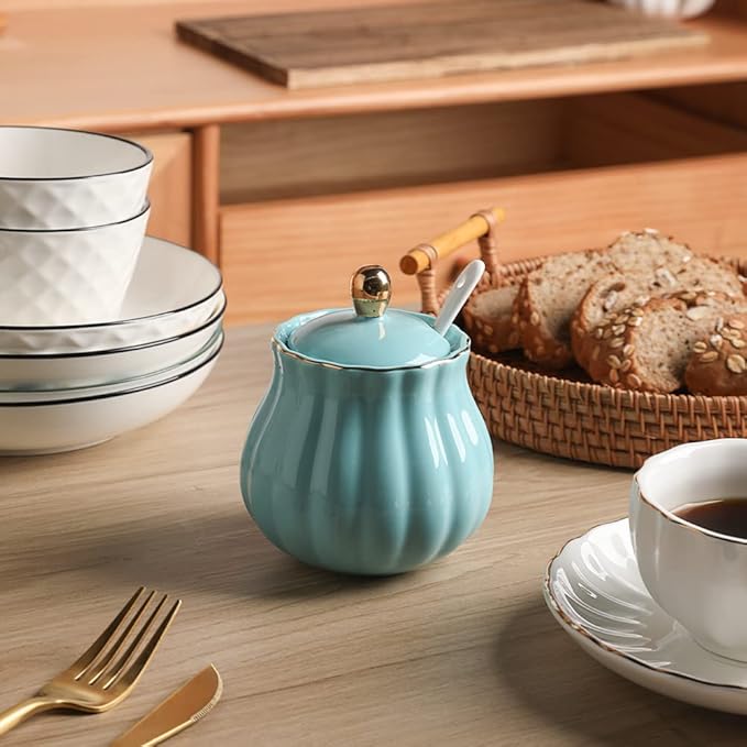 Sweejar Royal Ceramic Sugar Bowl, 12 Ounce Sugar Container with Spoon and Lid, Porcelain Salt Bowl Salt Container, Sugar Holder for Coffee Bar, Home and Kitchen(Turquoise)