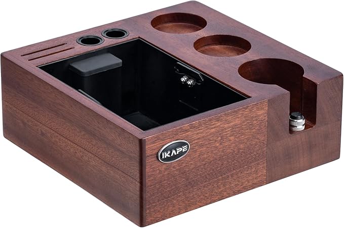 IKAPE V2 Espresso Knock Box, Espresso Coffee Organizer Box Fit for Storage 51 to 58MM Espresso Tamper, Distributor, Portafilter & Puck Screen Accessories, Natural Walnut Station Base (8 IN One)