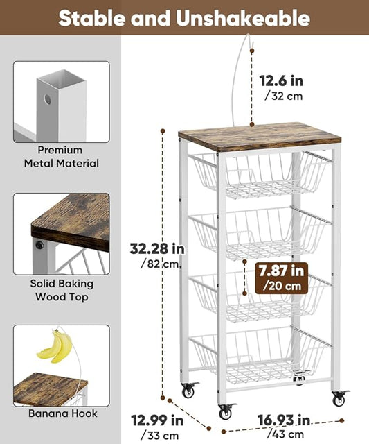 Fruit Vegetable Storage Cart for Kitchen, 5-Tier Vegetable Stand Rack with Pull-Out Fruit Baskets, Rolling Snack Cart with Wood Top & Banana Holder for Pantry, Living Room, Bathroom, White